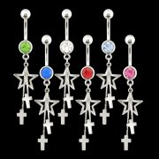 Diamond Cut Star with Dangling Crosses Navel Ring <B>($0.82 Each)</b>