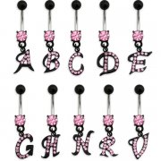 Pink CZ Black Initials Navel Rings <B>($0.99 Each)</b>